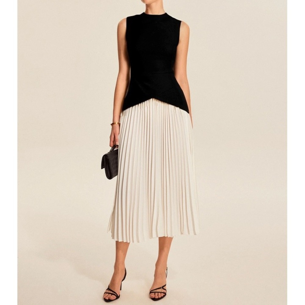 Commense Sleeveless Pleated Dress Mock Neck Party Cocktail Black White size XS - Picture 3 of 5